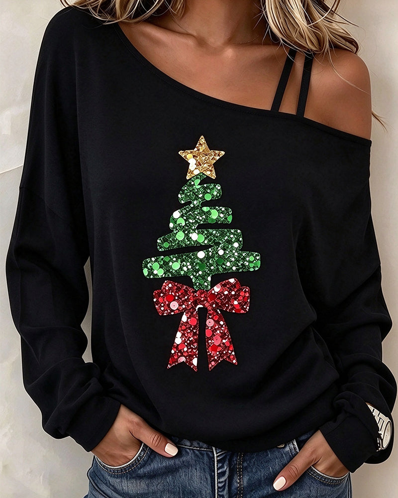 Haut Bretelle Asymétrique Sapin De Noël Cold Shoulder
