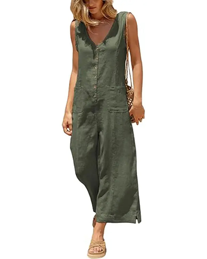 Combinaison Col En V Simple Boutonnage Sans Manches