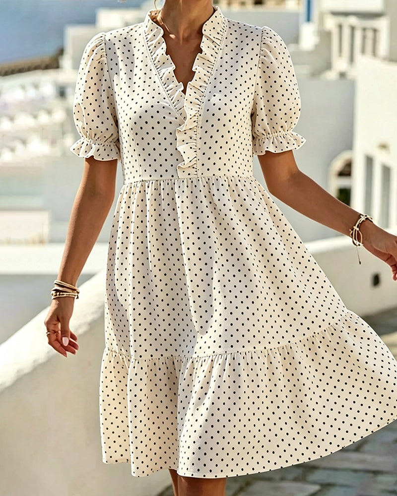Robe Col V Dentelle Garniture Polka Dot