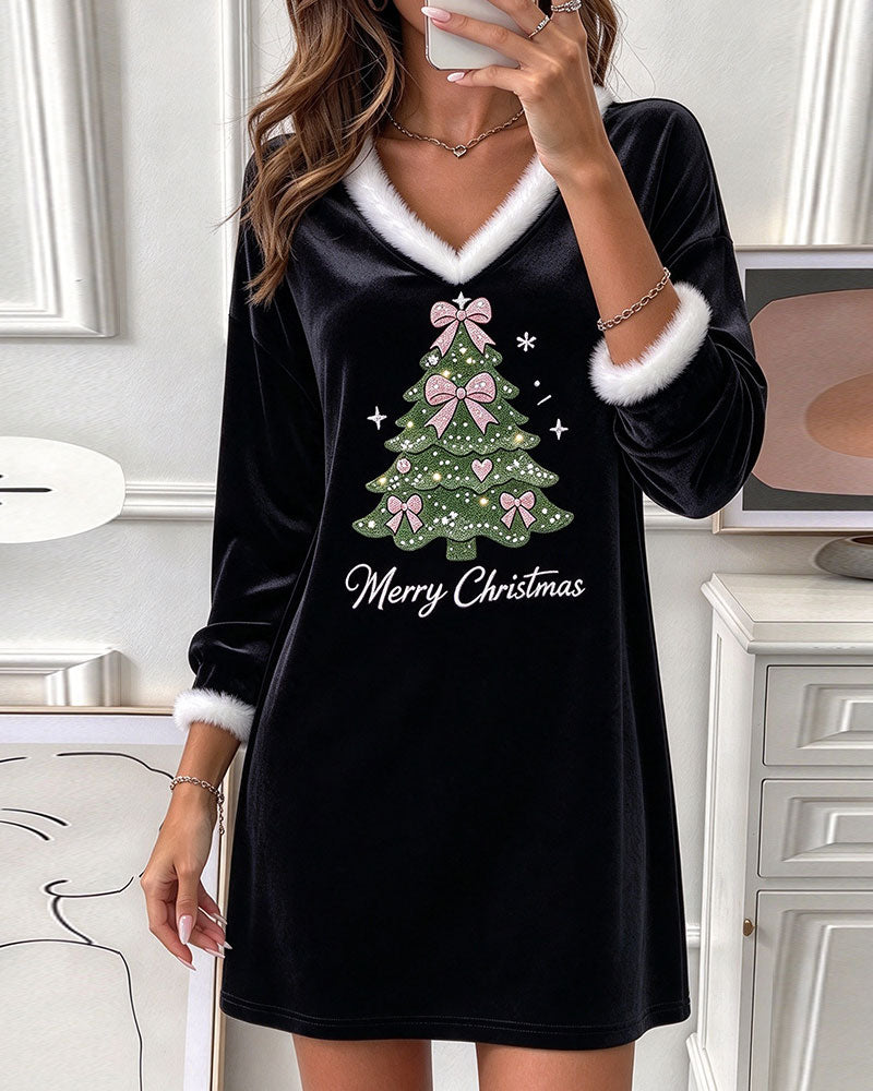 Robe Col V Fourrure Col Sapin De Noël Manche Longue