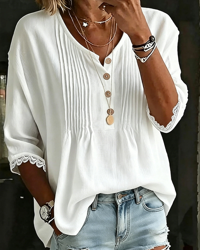 Blouse Plissée Bouton Bordure Dentelle