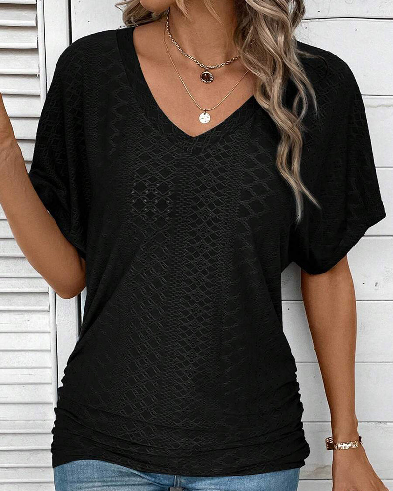 T-shirt Col V Uni Décontracté