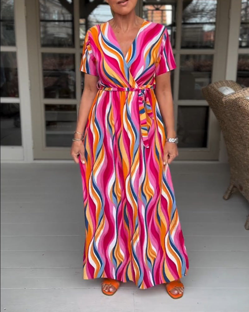 Robe longue à lacets à manches courtes et imprimé coloré