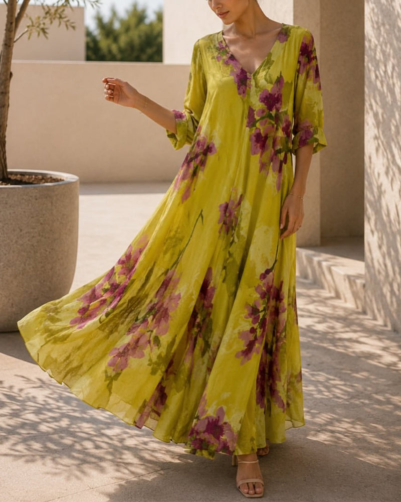 Robes Encre Lavage Floral Col V