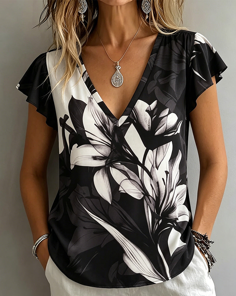 Blouse Imprimé Lys Col V Volantée