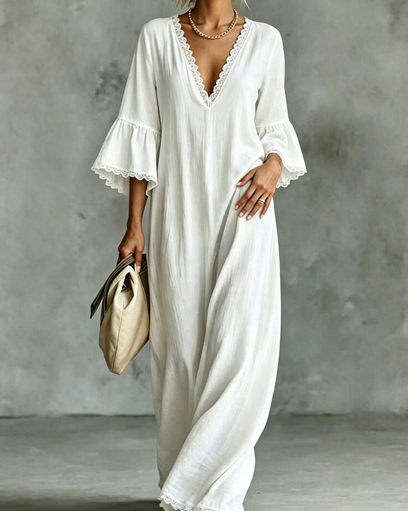 Robe Col V Dentelle Patchwork Volant Jupe Ample