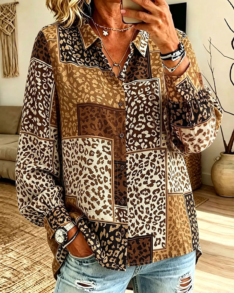 Chemise Revers Bouton Léopard À Carreaux