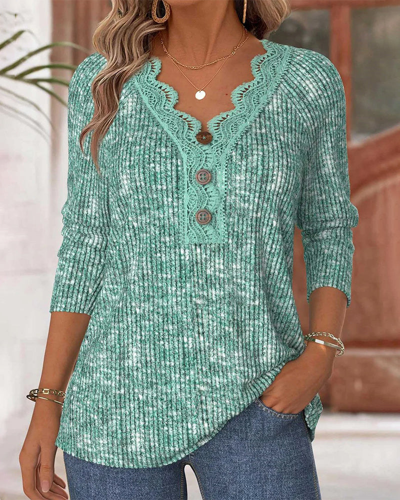 T-shirt décontracté couleur unie en dentelle patchwork