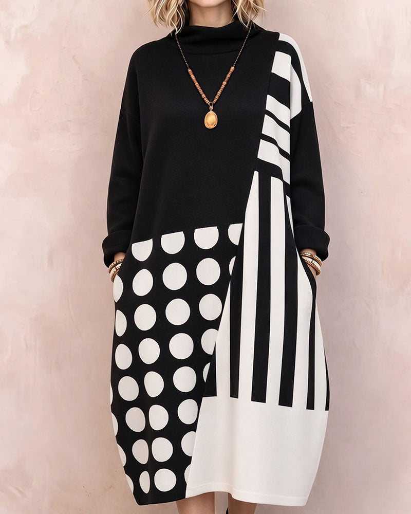 Robe Patchwork Polka Dot Rayé Col Haut Manches Longues
