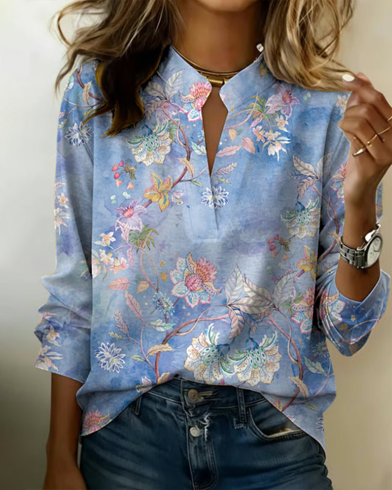 Blouse Col Monté Manches Longues Fleuri