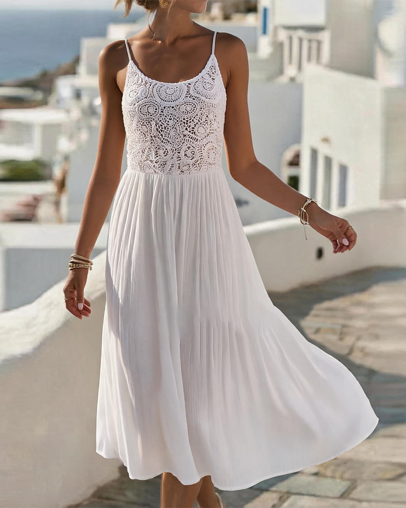 Robe Bretelle Spaghetti Col U Sans Manches Dentelle Patchwork