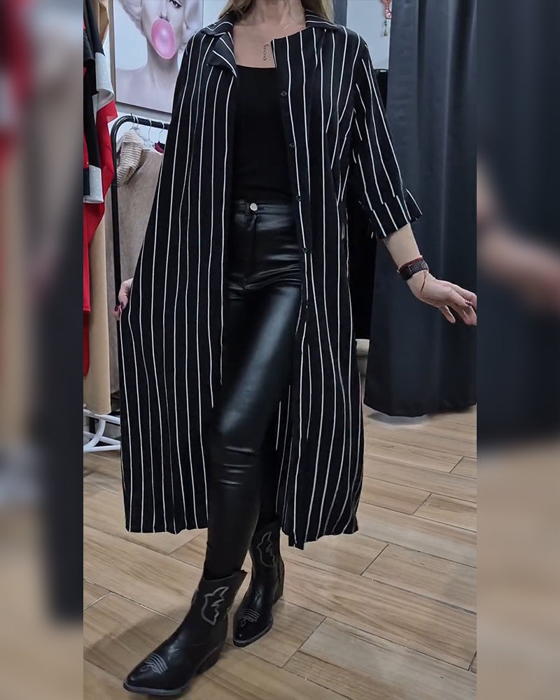 Manteau Chemise Col Bouton Rayé Fente