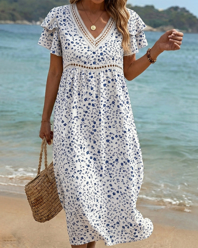 Robe Bleu Blanc Imprimé Floral Col V