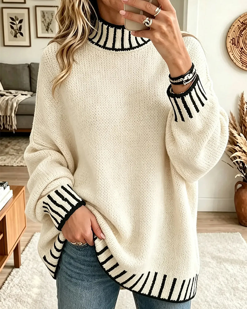 Pullover Contraste Rayé Col Roulé Loose