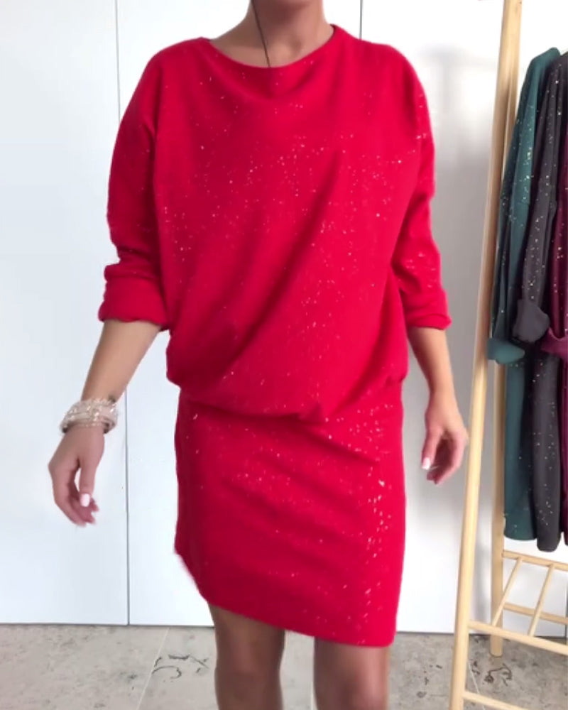 Robe Col Rond Paillettes Fines À La Mode