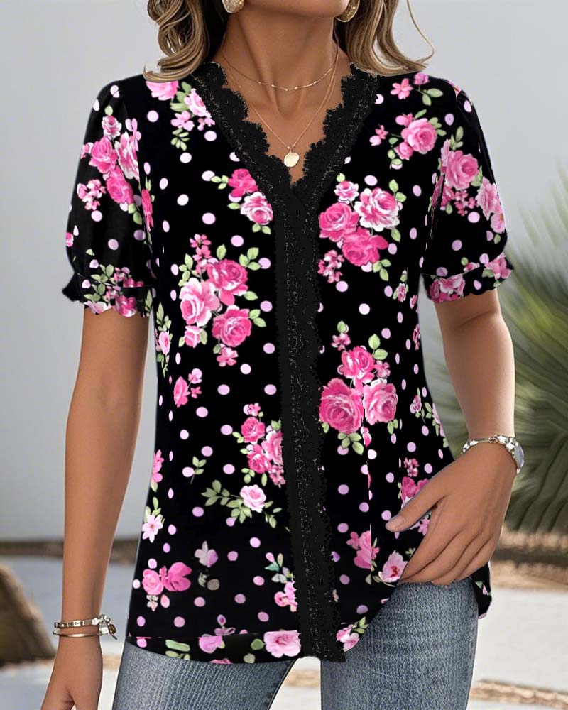 Blouse Col En V Manches Lanternes En Dentelle Imprimée