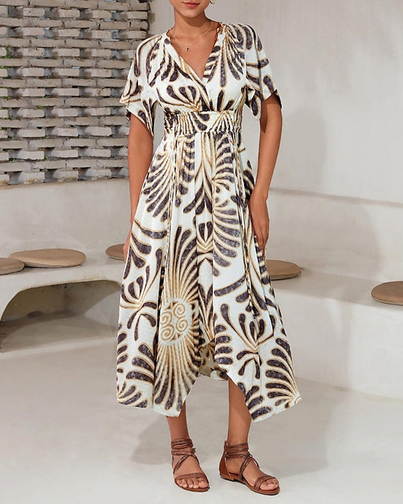 Robe élégante irrégulière imprimée à col en V