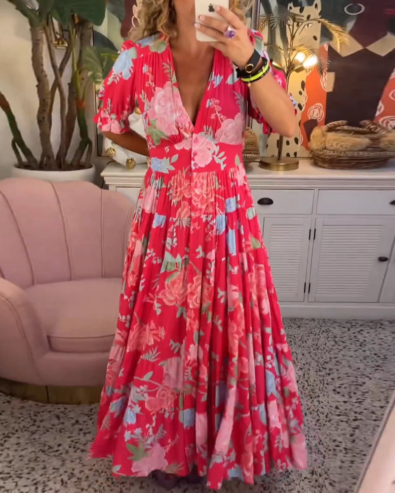 Robe à poche col V imprimé fleuri
