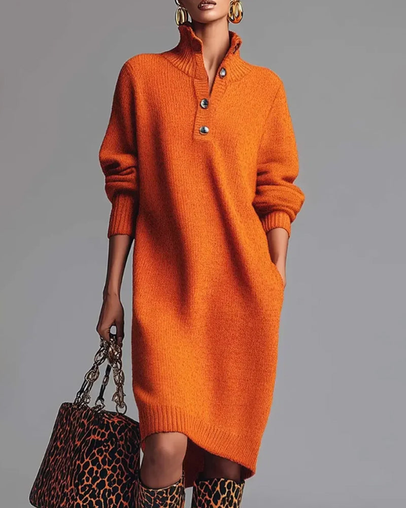 Robe Couleur Unie À Boutons Et Col Haut