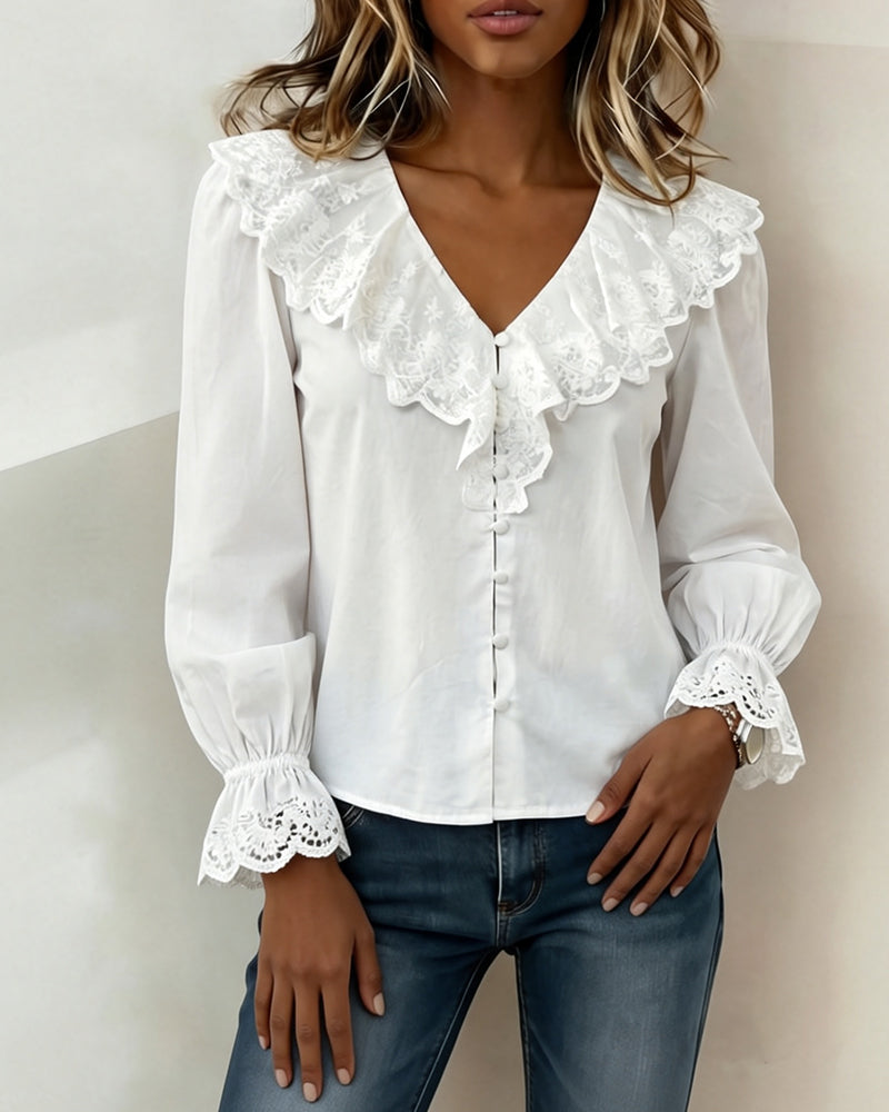 Blouse Col V Dentelle Garniture Simple Boutonnage