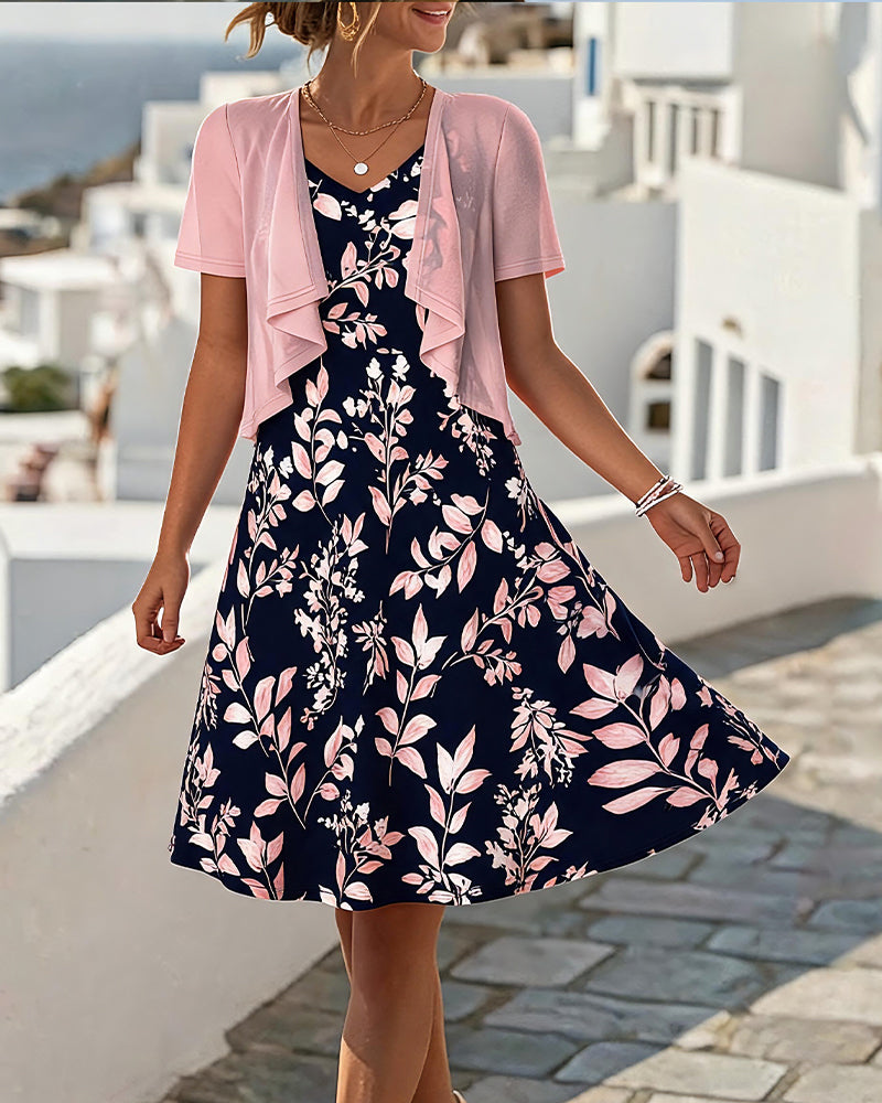Robe & Haut Col V Sans Manches Fleuri