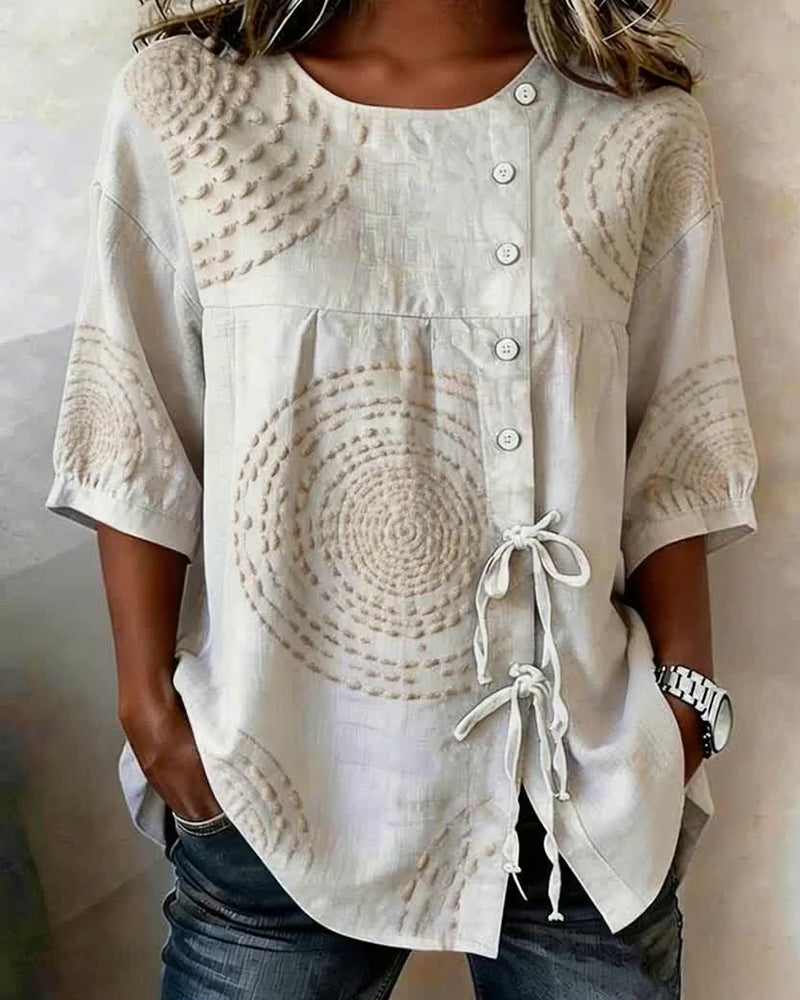 Blouse Col Rond Ample Nœud Latéral Imprimée