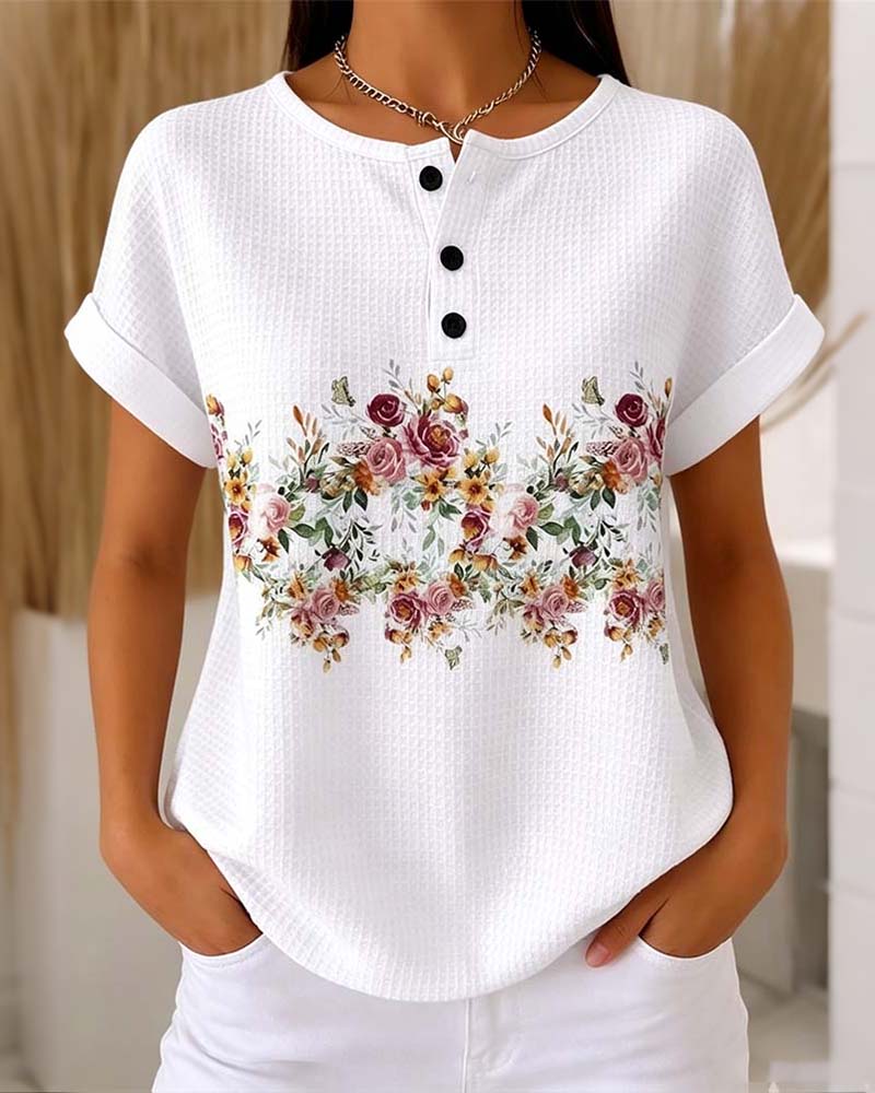 T-Shirt Col Rond Bouton Gaufre