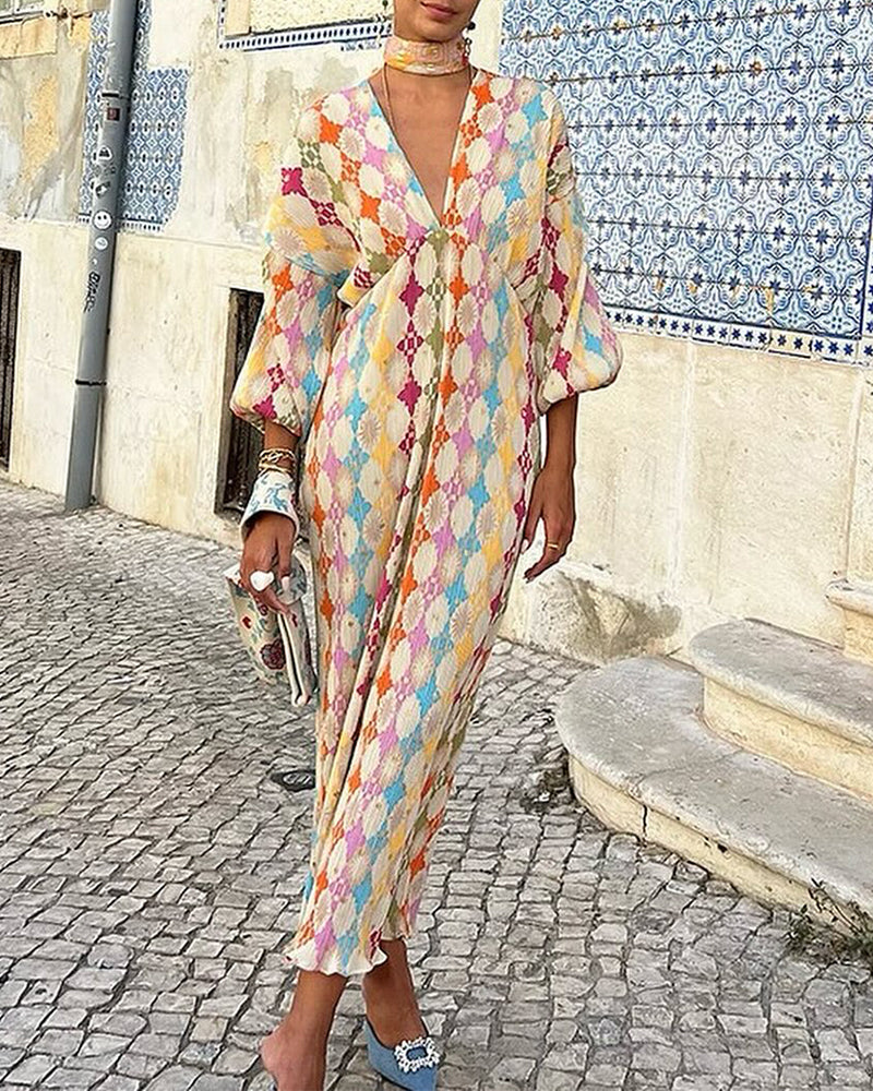 Robe élégante à imprimé géométrique, col en V, manches lanternes