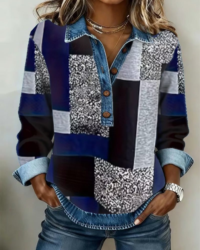 Sweat-Shirt Jean Patchwork Imprimé Décontracté