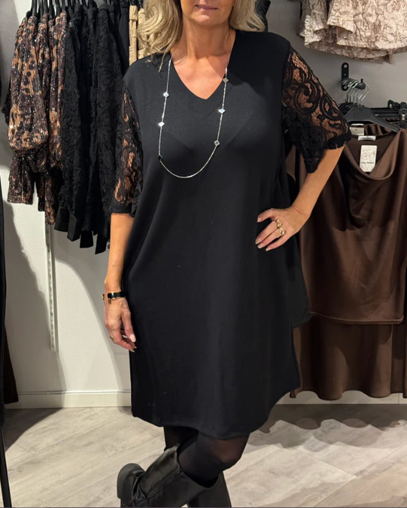 Robe Élégante Col V Robe À Manches En Dentelle