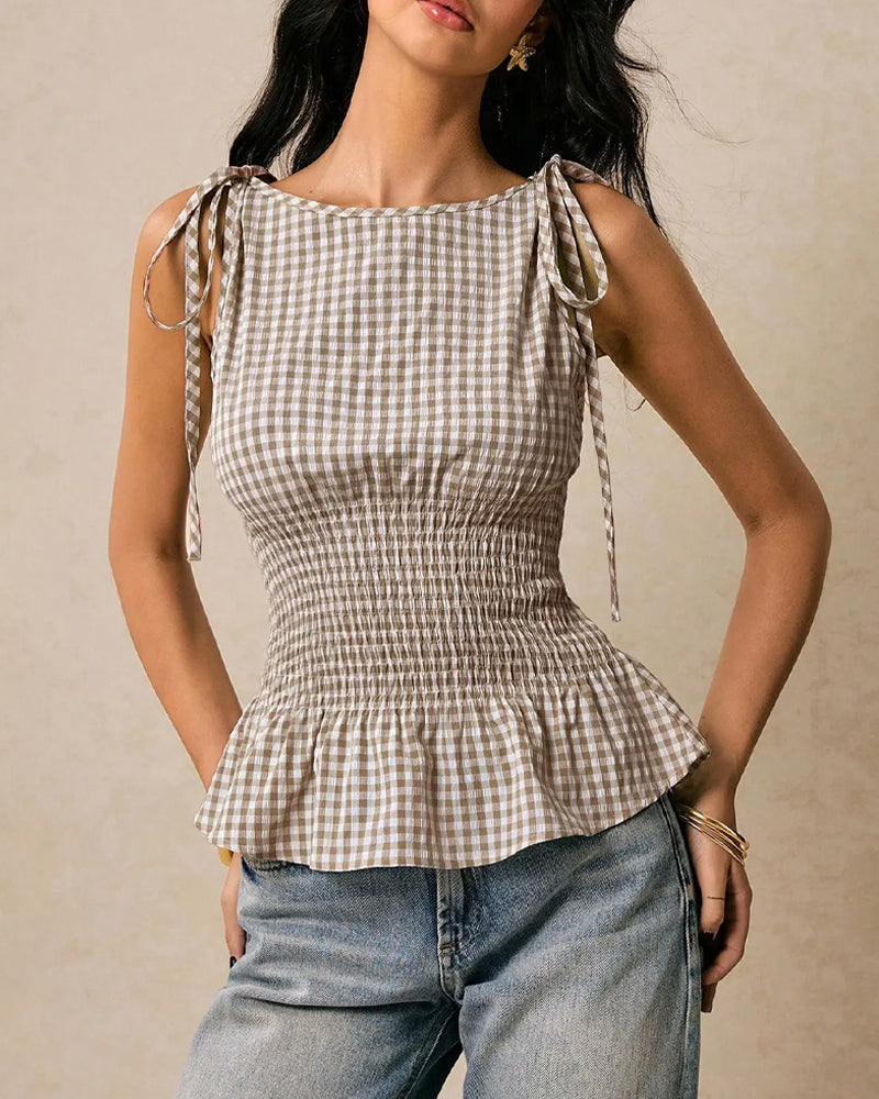 Blouse Sans Manches Écossais Attacher Taille
