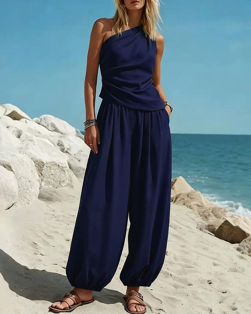 Set Haut Tank Top Une Épaule Taille Haute Pantalon