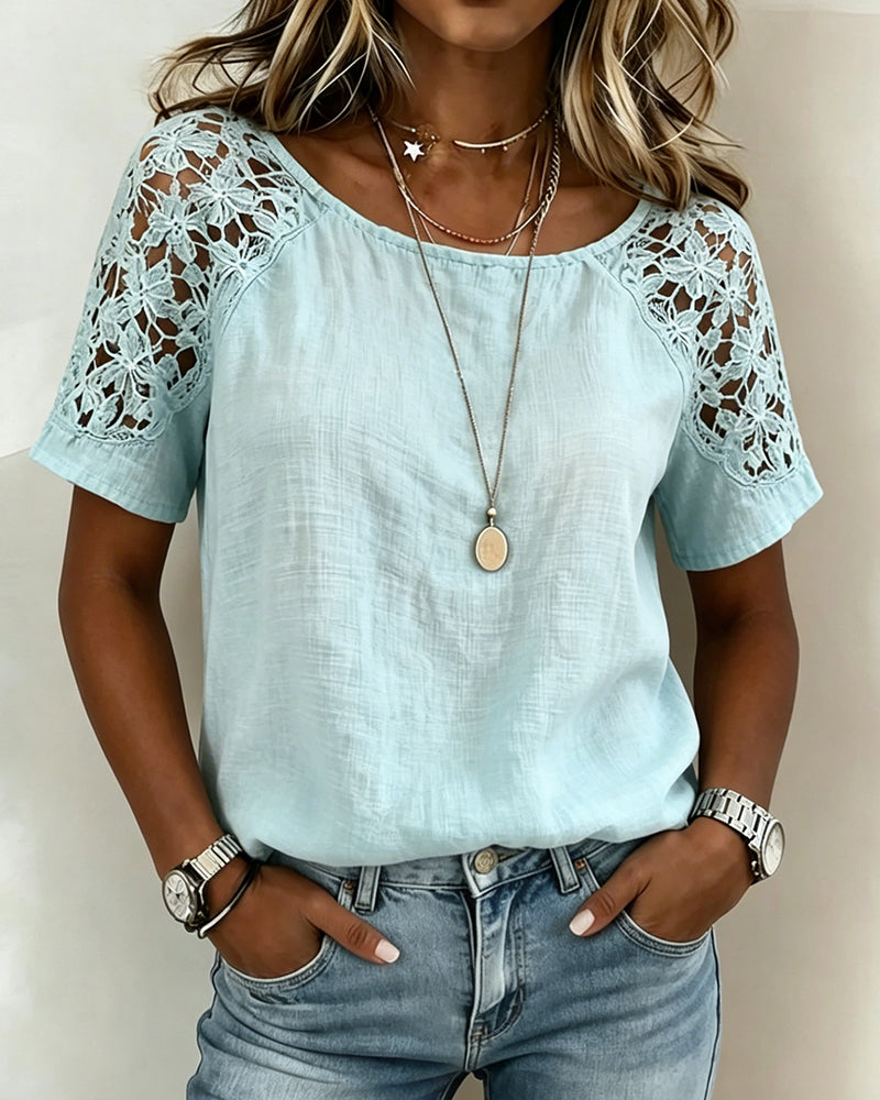 Blouse Dentelle Évidé Patchwork Manche Courte