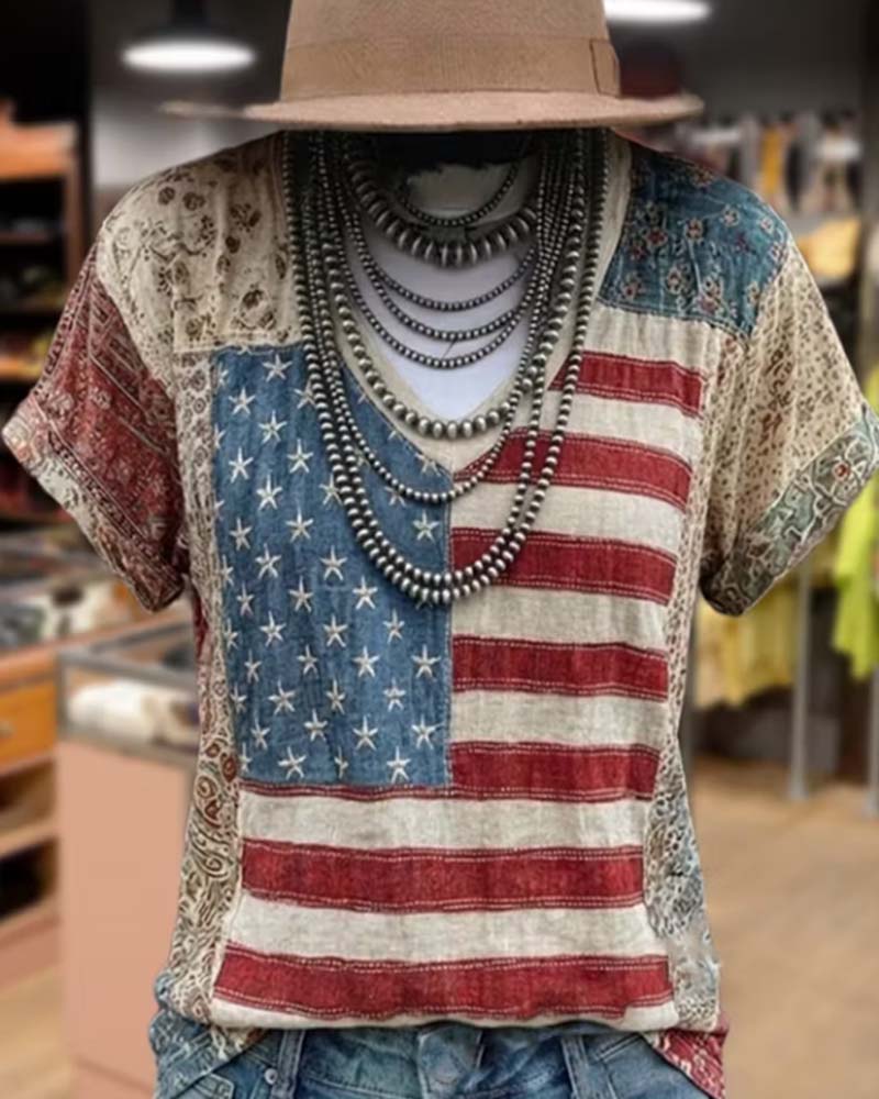 T-Shirt Col V Manches Courtes Patchwork