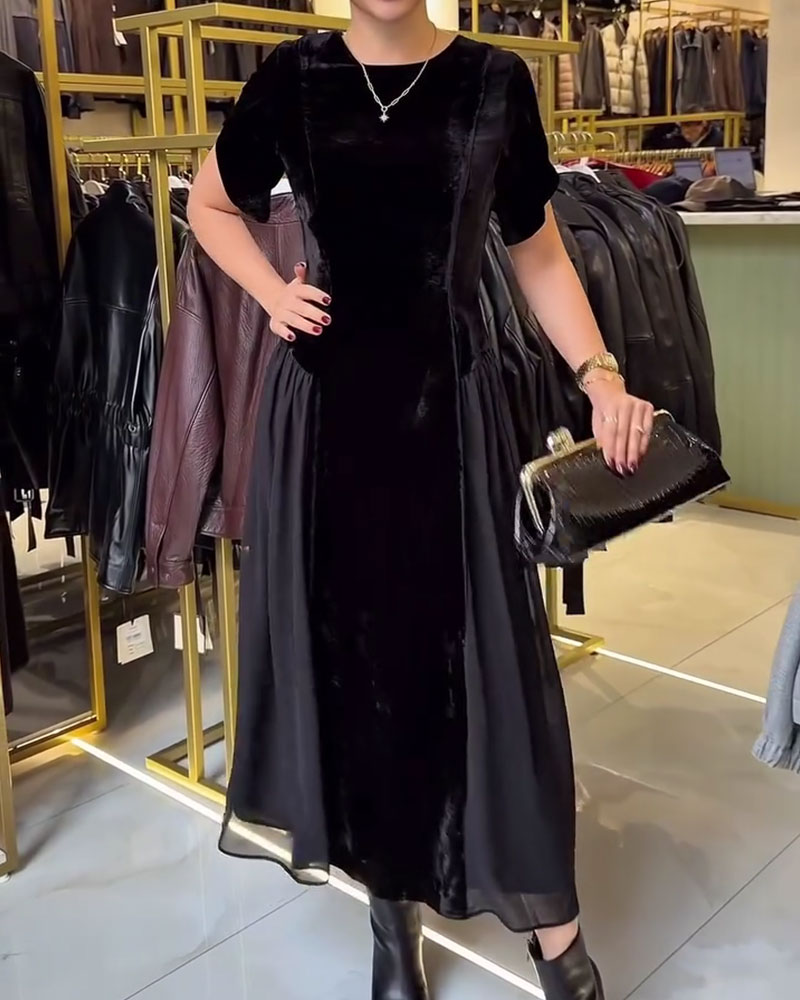 Robe Col Rond Plissé Slim Fit Grande Jupe