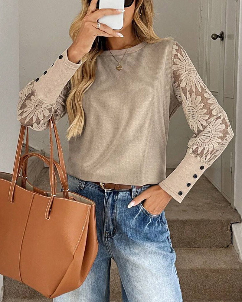 Haut Dentelle Crochet Incrustation Manches Longues
