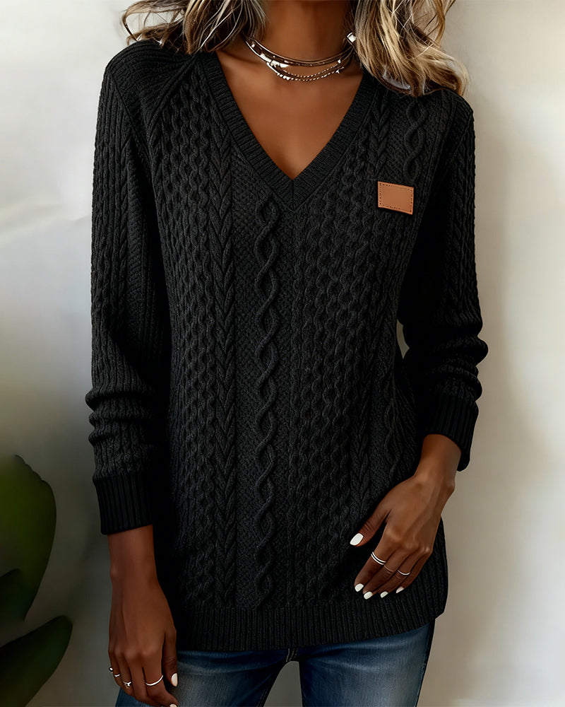 Sweat À Col En V Et Manches Longues Avec Étiquette En Cuir