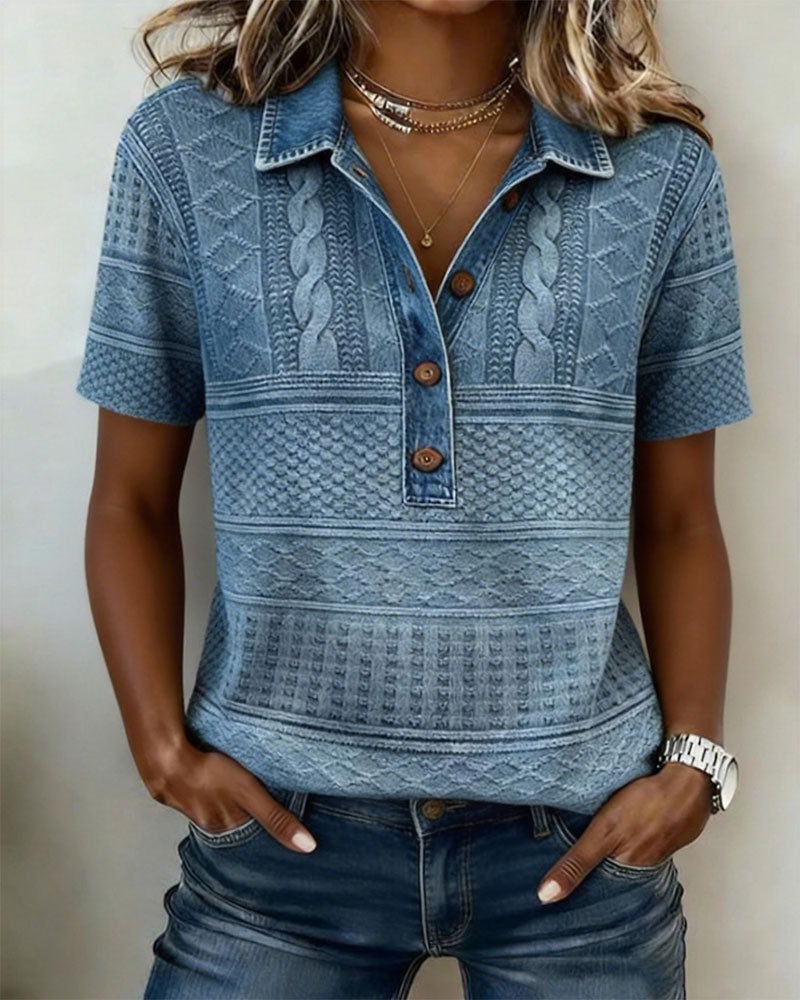 T-Shirt Col Rabattu Denim Imprimé