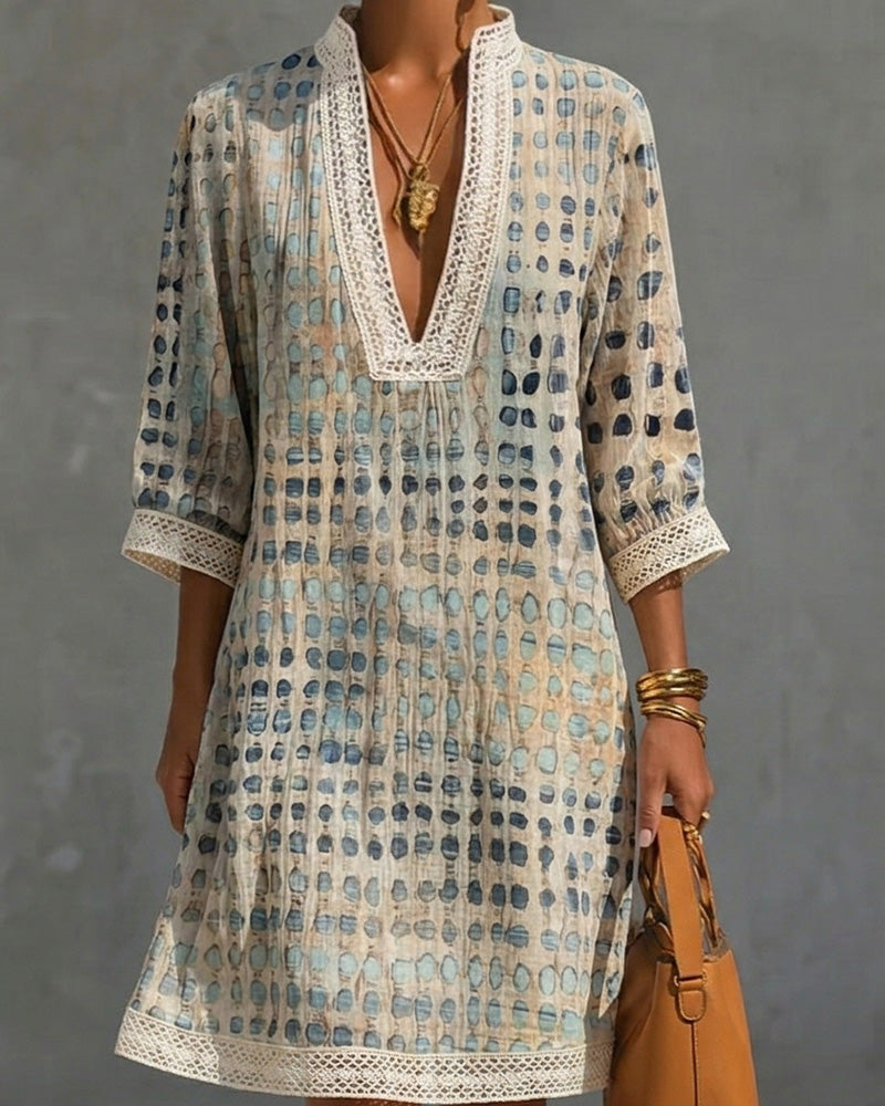 Robe Col V Pois Dentelle Patchwork Col Montant