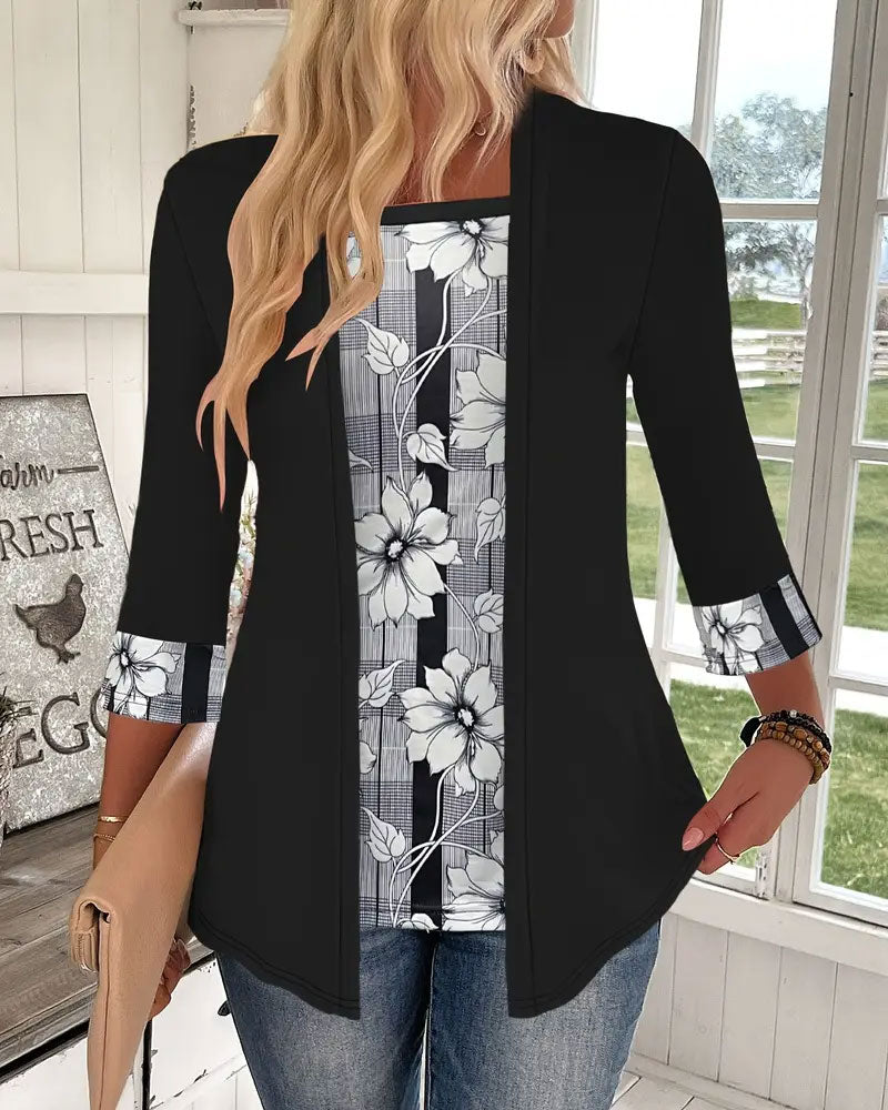 Haut Imprimé Manches Longues Faux Deux Pièces