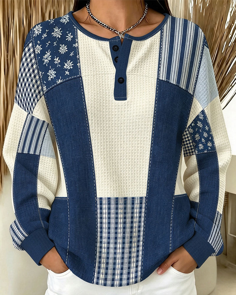 Sweatshirt Col Rond Bouton Floral Plaid