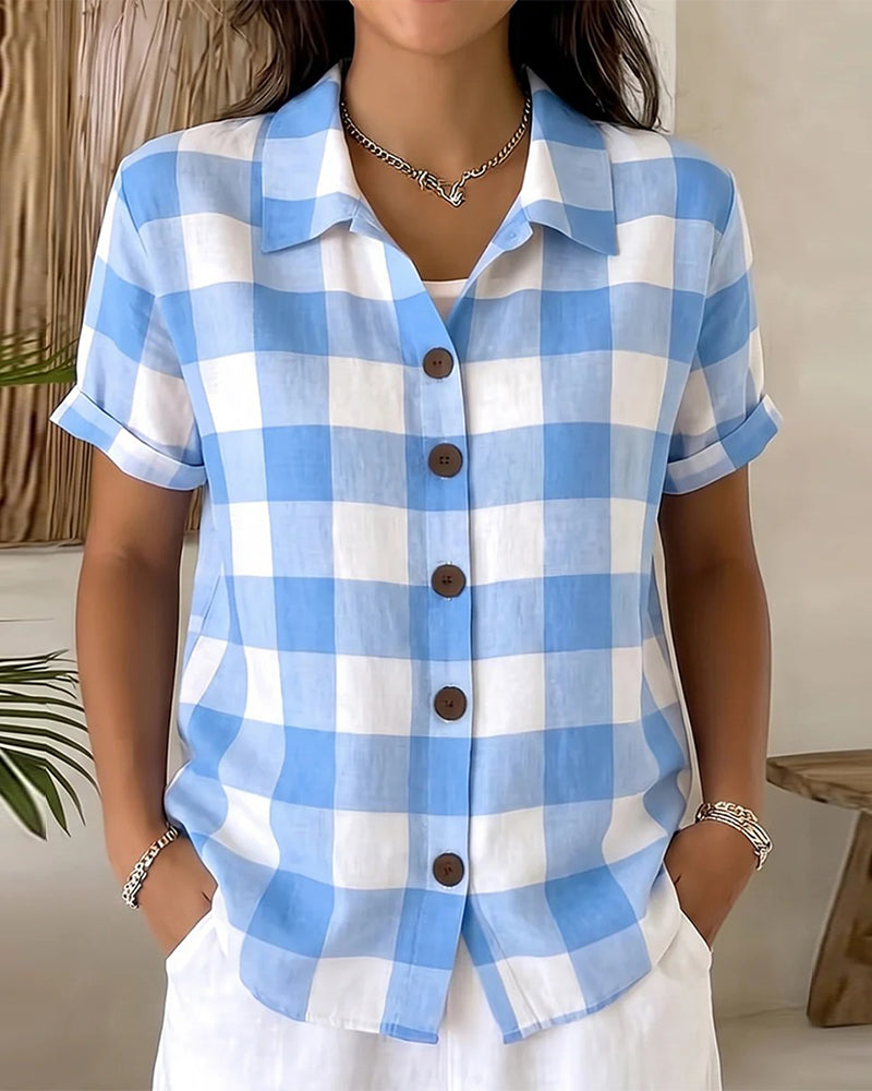 Chemise Bleu Blanc Grand Plaid Revers