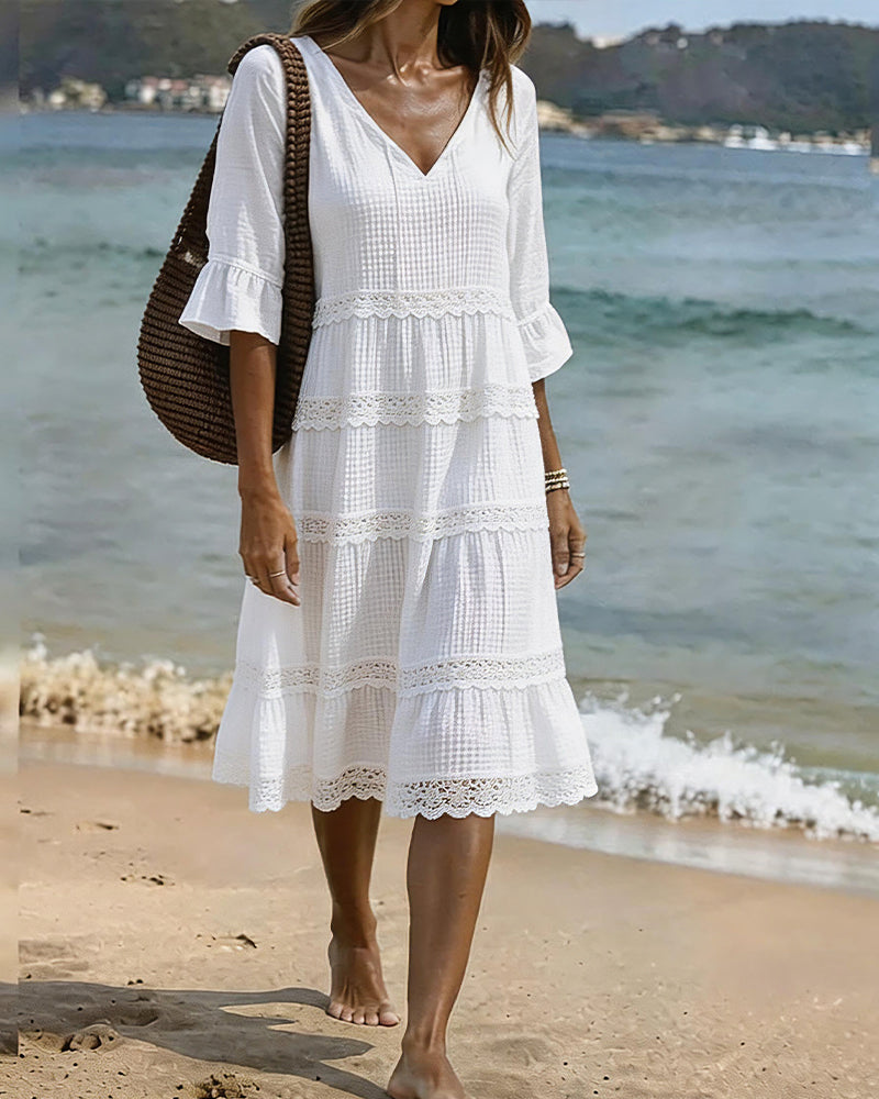 Robe Col V Dentelle Patchwork Manche Moyenne