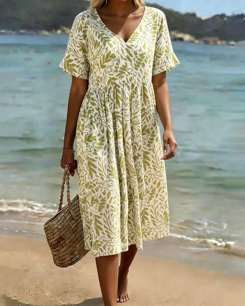 Robe Vert Feuille Imprimé Col V