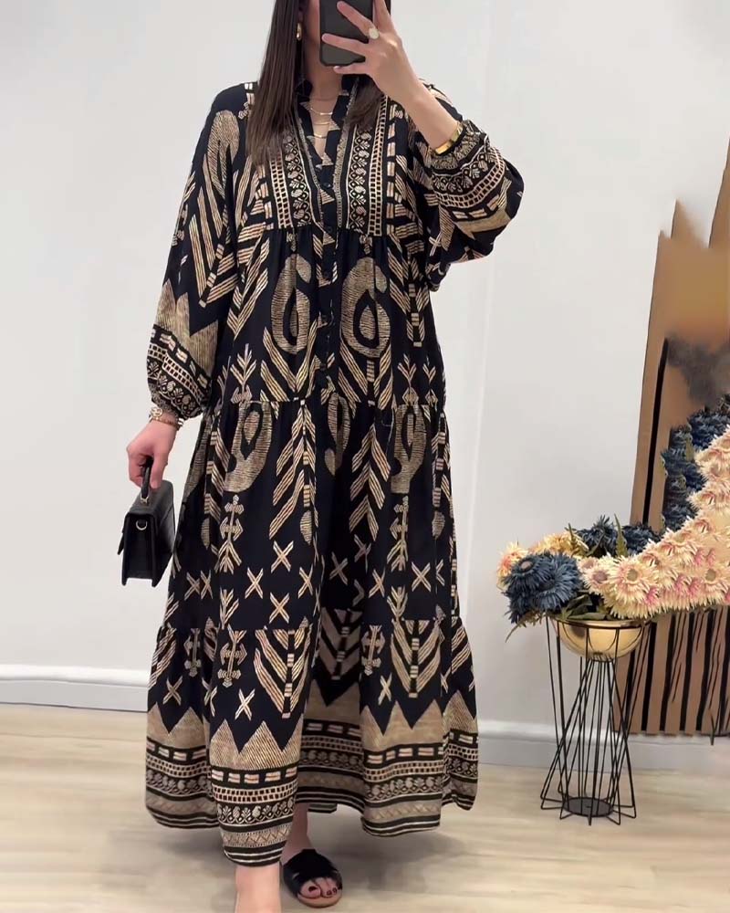 Robe imprimée à manches longues et col V