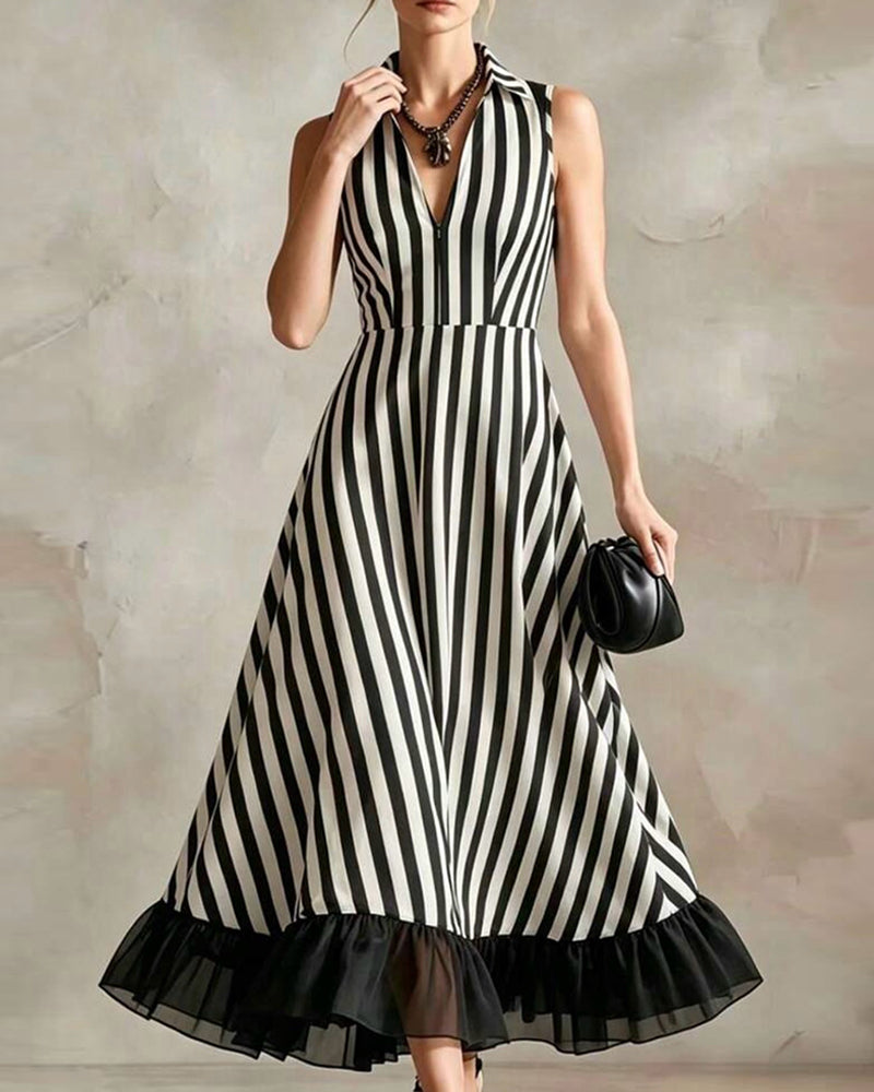 Robe Col-V Rayée Sans Manches