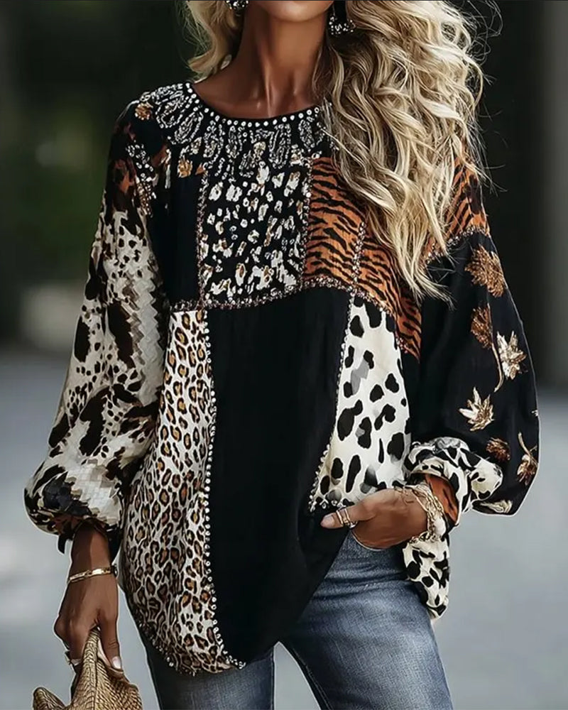 Blouse Col Rond Léopard Tigre Imprimé Contraste