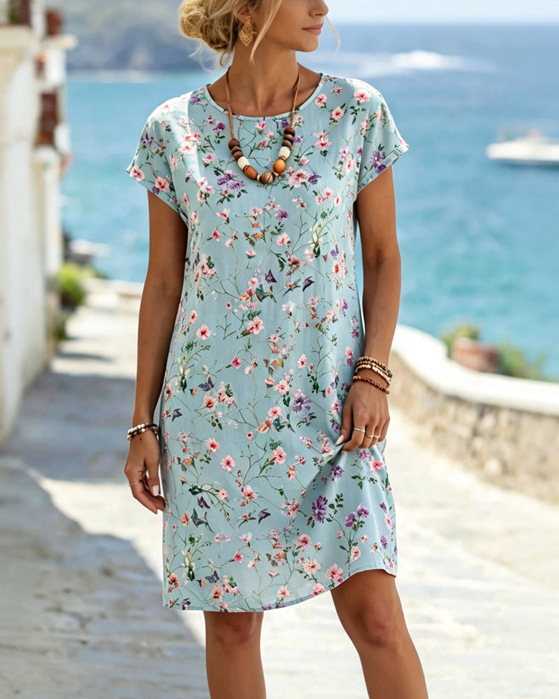 Robe Col Rond Imprimé Floral Manches Courtes