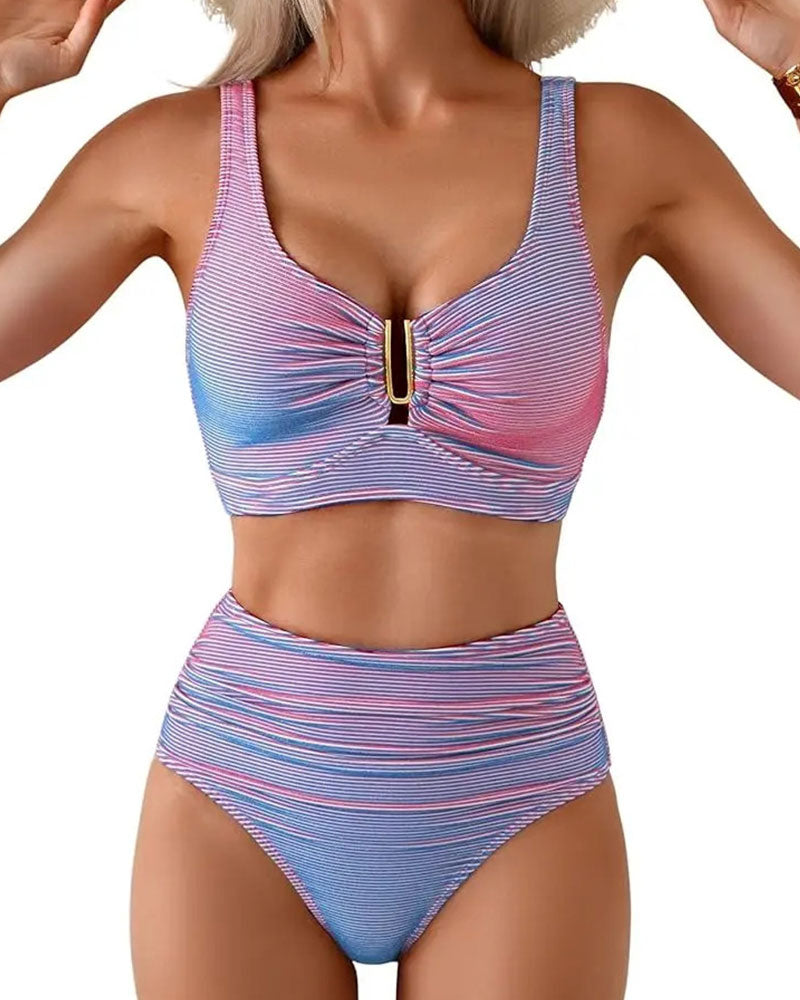 Bikini Taille Haute Rayé Bouton