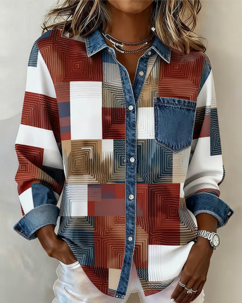 Chemise Color Block Revers À La Mode